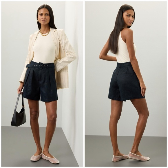 BLANKNYC Navy Linen Belted High Rise Pleated Casual‎ Shorts Set Sail Size 24 - Picture 1 of 6